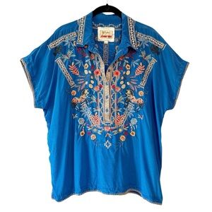 Johnny Was Biya 100% Silk Embroidered Short Sleeve Blouse Royal Blue Size Large